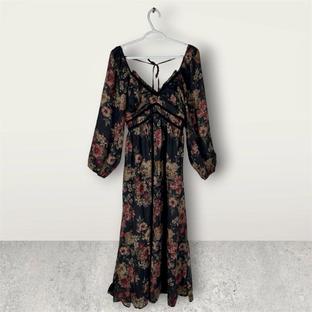 Promesa NWT Wildflower Glen Floral Velvet Trimmed Maxi Dress Size M Boho Fairy - Picture 5 of 10